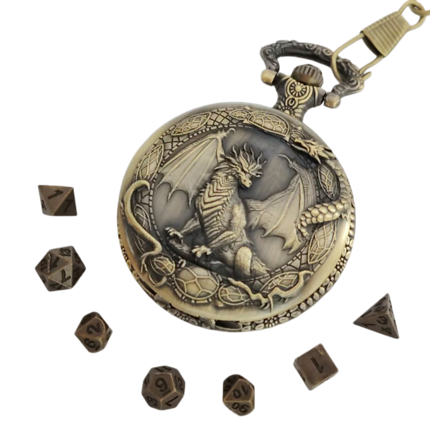 Retro Gaming Gif - Polyhedral Dice Retro Dragon Pocket Watch